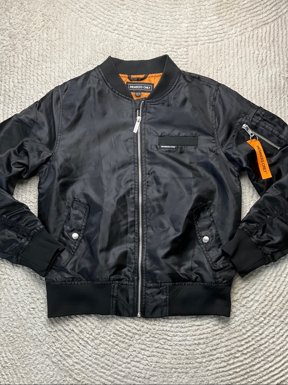 Members Only Black Bomber Jacket with Orange Accent Size 14/16